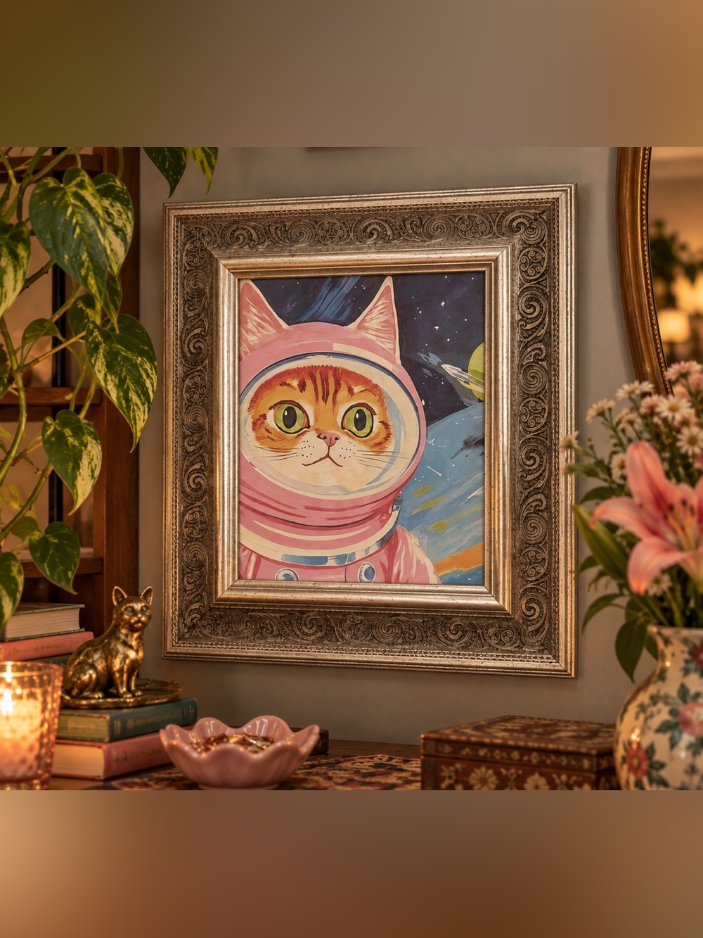 Astronaut Cat Outer Space Quirky Kitty Canvas Art Print Ornate Silver Framed Art